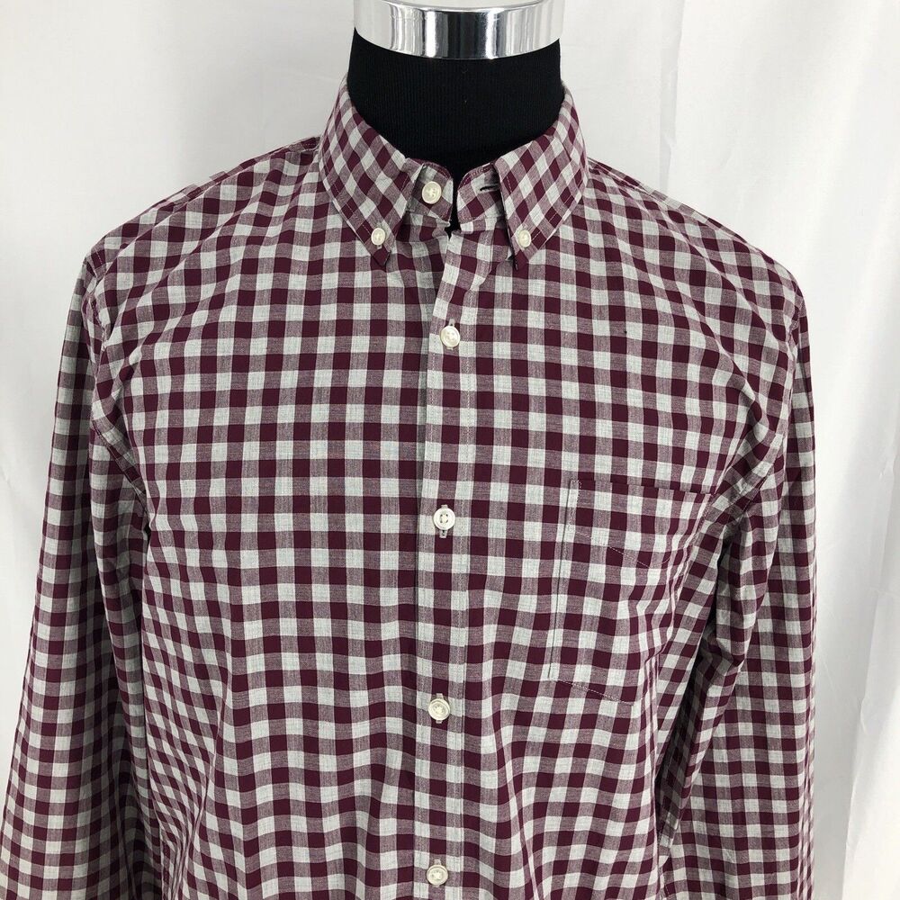 Lucky Brand Slim Fit Maroon Gray Plaid Long Sleeve Button Down Shirt Large